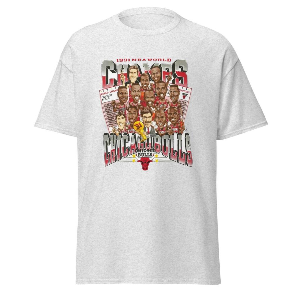 1991 Chicago Bulls  World Champions Caricature T-Shirt Ash Grey
